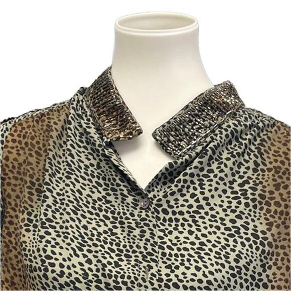 FYLO Womens Medium Cheetah Print Long Sleeve Beaded Collar Button Up Top - Picture 2 of 6